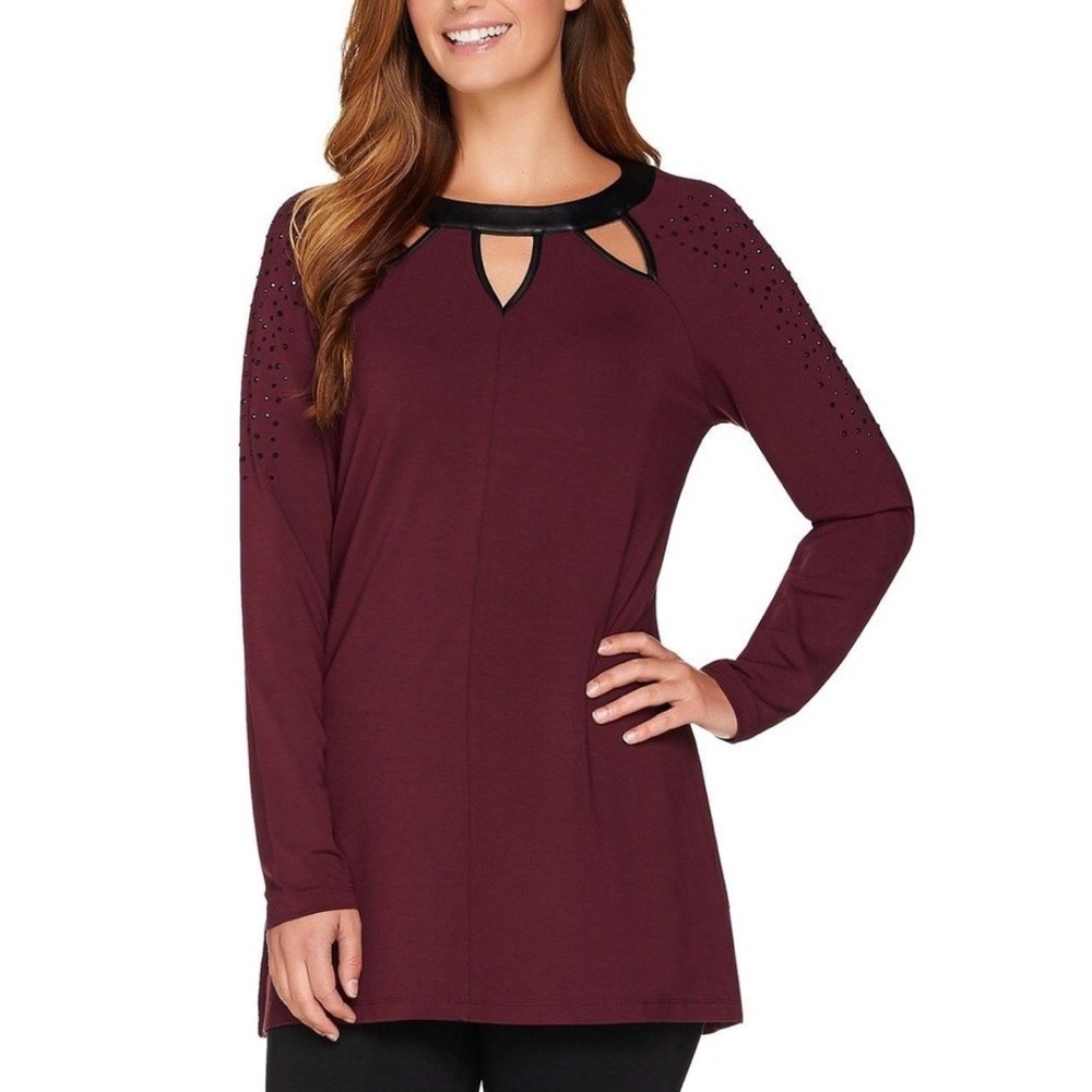 Susan Graver Faux Leather Cutout Tunic Top